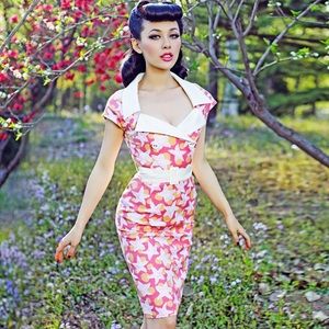 Wild Cat Starfish Print Notch Collar Belted Dress